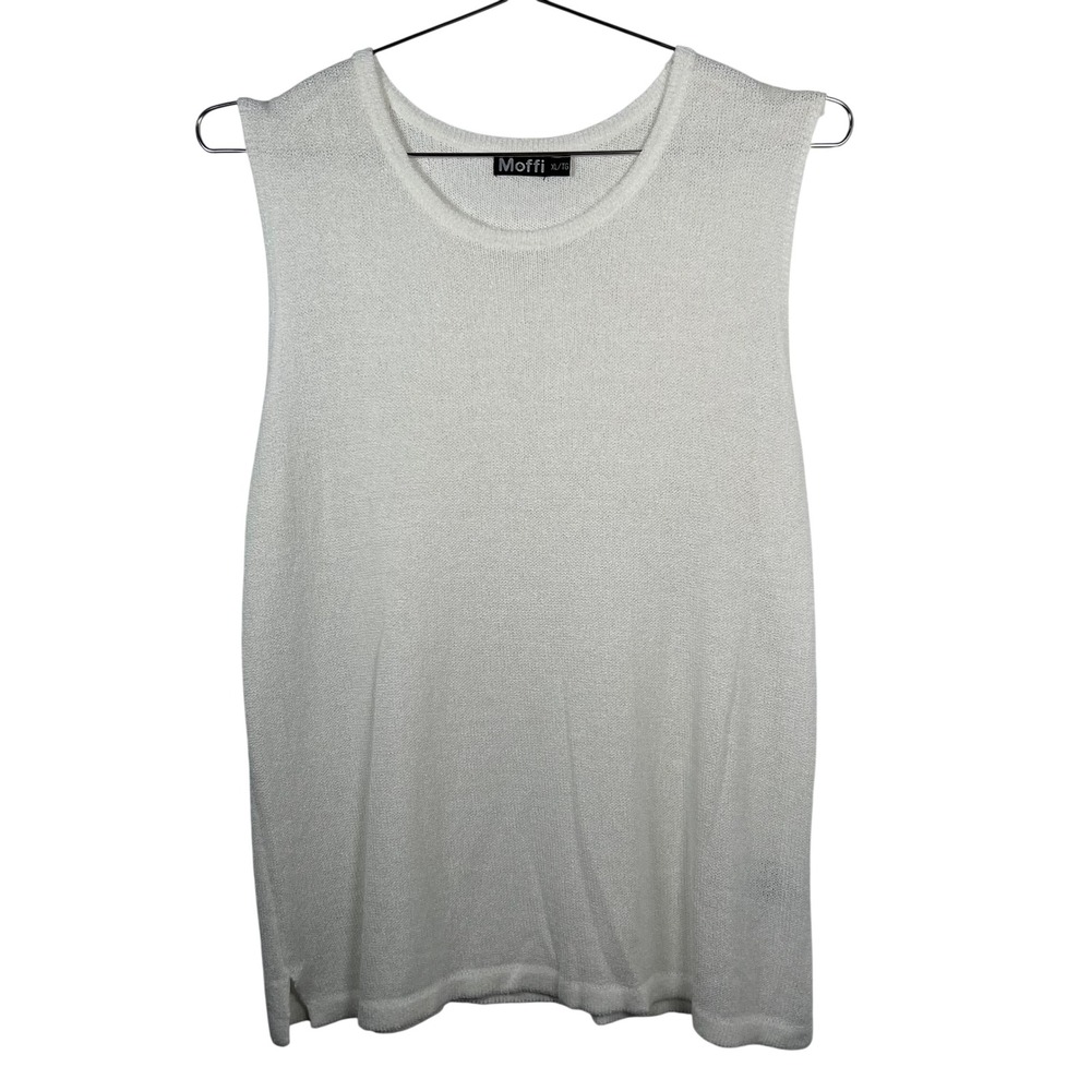 Moffi Womens White Sleeveless Lightweight Knit Shell Top XL Crew Neck Side‎ Slit